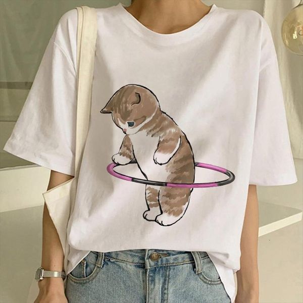 

tshirts cartoon funny cute women cat print harajuku graphic short sleeve fashion ladies tee plus size, White