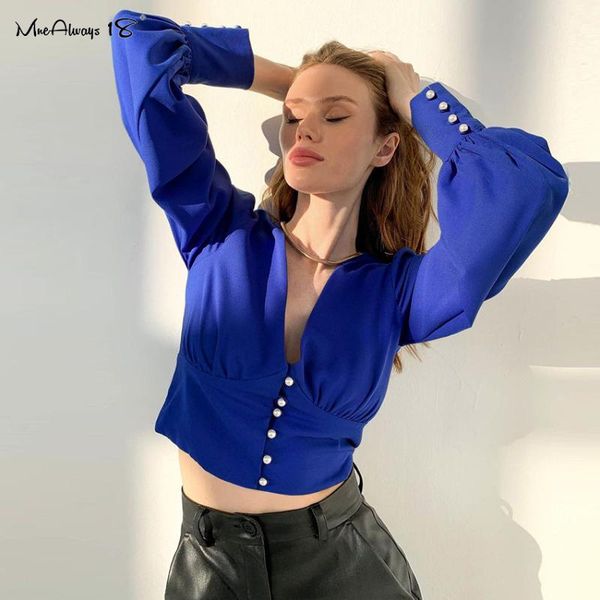 

women's blouses & shirts mnealways18 deep v-neck bodycon blouse women puff sleeve crop high street fall 2021 single-breasted short, White