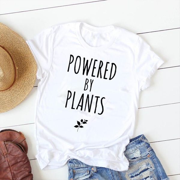

powered by plants printed womens short sleeve tee clothes graphic, White