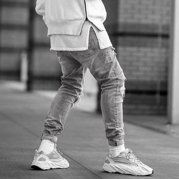 

men's jeans fashion casual solid denim pencil pants hole zipper pocket trousers men clothing vaqueros de hombre pantalon, Blue