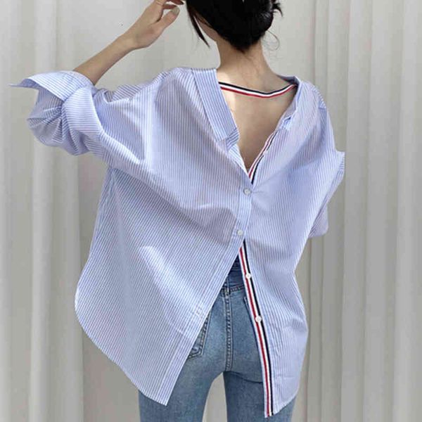 

women's blouses & shirts [ewq] korea chic autumn fashion trend women lapel contrast color striped single-breasted casual long-sleeved s, White
