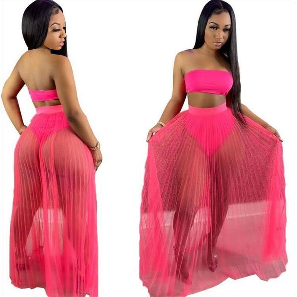 

see through 3 piece women tracksuits set summer beach wear tube crop pleated long skirts club party two, Gray