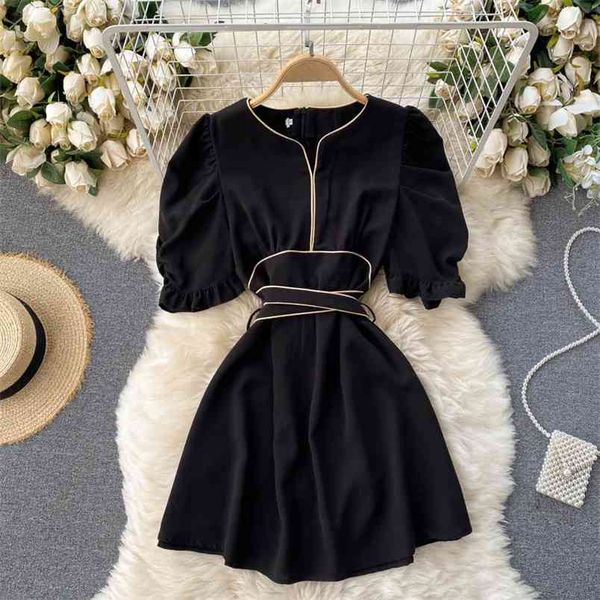 

summer contrast color fashion vestidos female round neck edging lace-up waist slimming puff sleeve mini dress gk579 210506, Black;gray