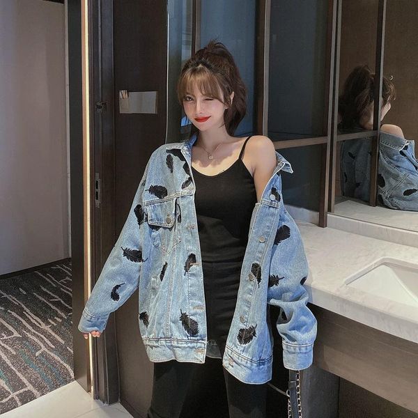 

women's jackets embroidered feathers denim jacket women 2021 spring bomber coat female chic outwear veste femme ropa de mujer y319, Black;brown