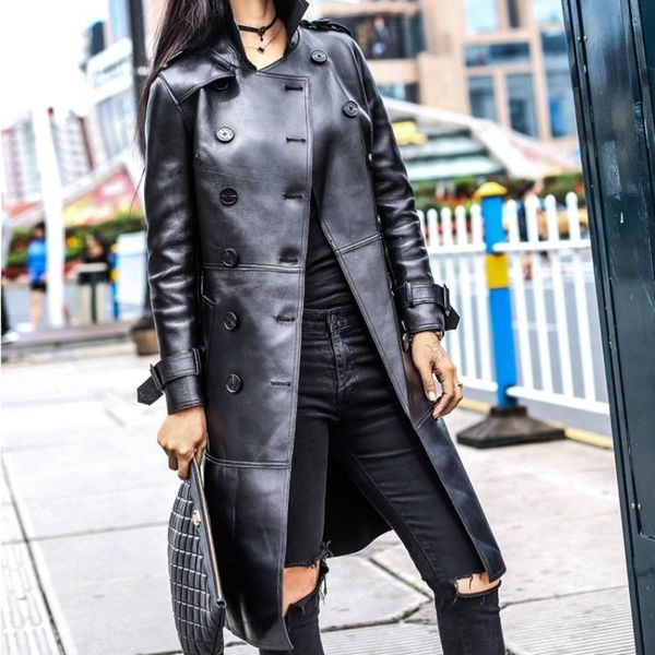 

women's leather & faux jacket for office leather, long with a belt, genuine slim fit, windbreaker, external use, Black
