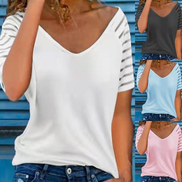 

women's t-shirt 2021 trend t shirt v neck casual loose short sleeve summer fashion striped camisetas mujer, White