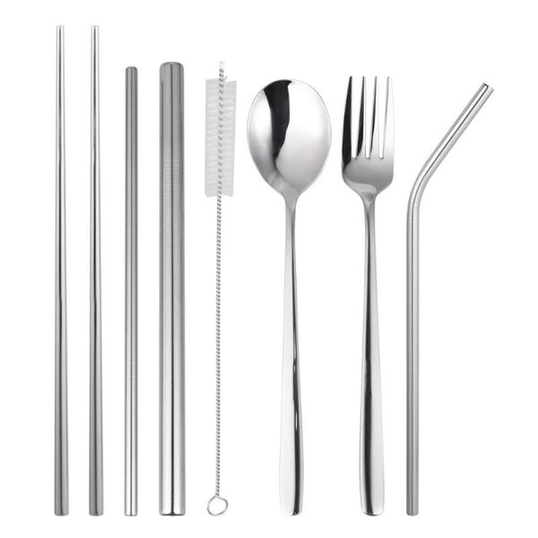 

8pcs stainless steel tableware set outdoor portable spoon fork chopsticks straws dinnerware kit (silver, with black bag) sets