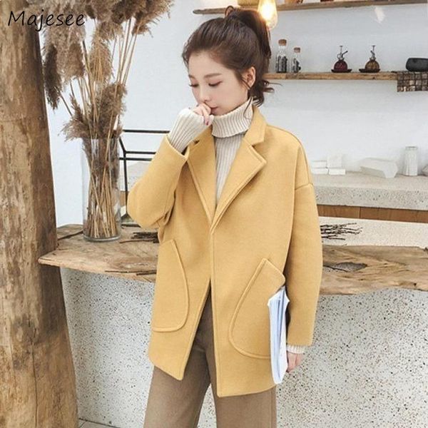 

women's wool & blends womens open stitch drop-shoulder sleeve pockets autumn casual korean style turn down collar winter loose trendy r, Black