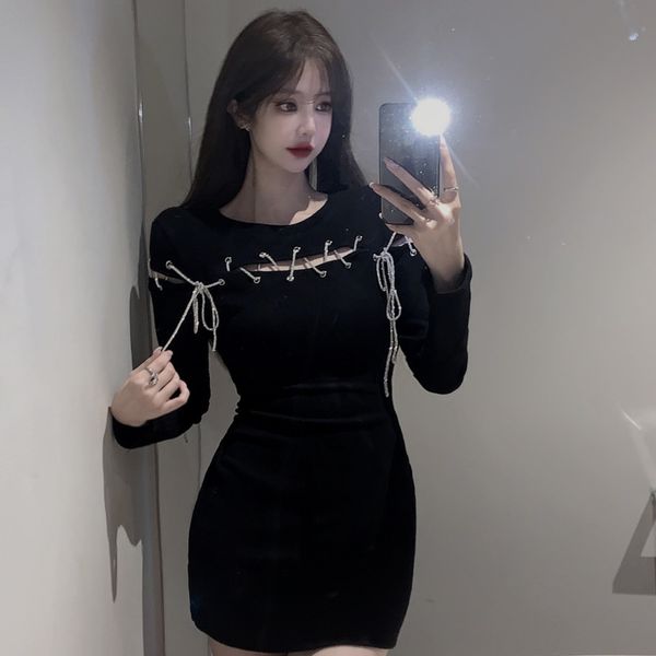 

costumes spice girl slim wrap hip dress 2021 new black elegant chest forward drawstring hollow out high waist fashion base dresses ao00