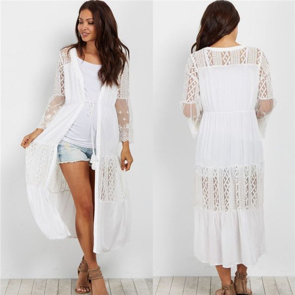 

lace cotton patchwork self belted summer beach tunic plus size beachwear kimono cadigan long women blouse n1000 210416, White;black