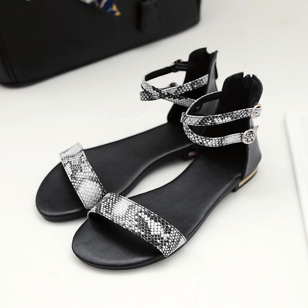 

genuine leather sandals women shoes rhinestone female summer flat ladies casual plus size 33-43, Black