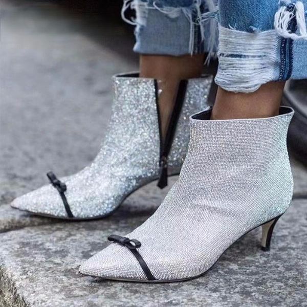 

boots 2021 wautumn silver thin high heels women bling ankle fashion rhinestone pointed toe zip booties nightclub shoes, Black