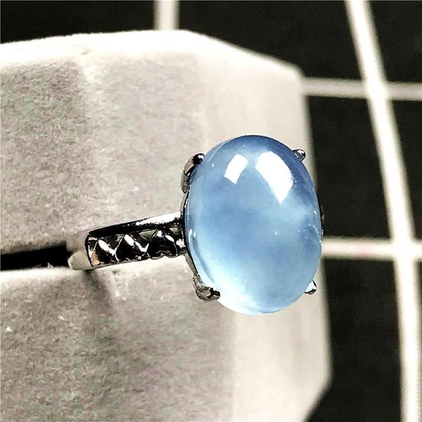 

cluster rings 12x9mm natural ocean blue aquamarine stone ring jewelry for woman man oval beads silver crystal gemstone adjustable, Golden;silver