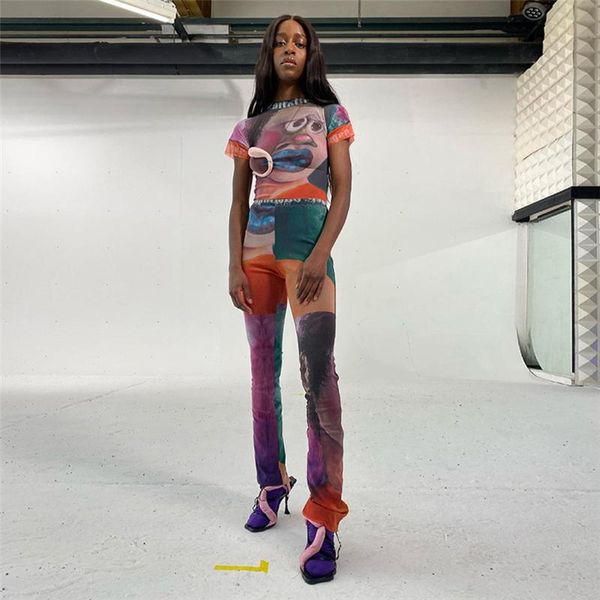 

women's two piece pants set women funny mesh undefined y2k letter cartoon print short gorgeous sheath slim high waist trousers, White