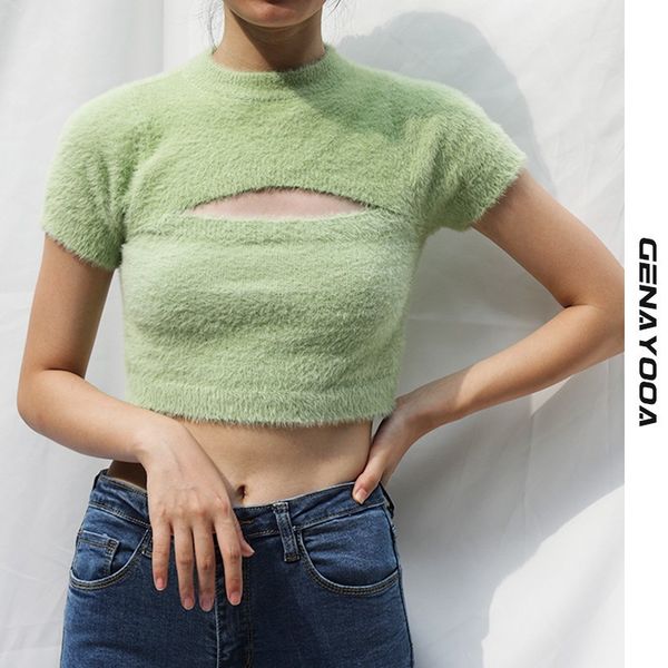 

genayooa slim harajuku women short sleeve o neck hollow out crop t shirt summer streetwear ladies 210417, White