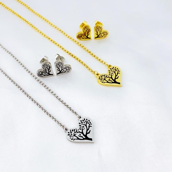 

earrings & necklace 2021 fashion heart tree of life stainless steel statement for woman silver color necklaces jewelry