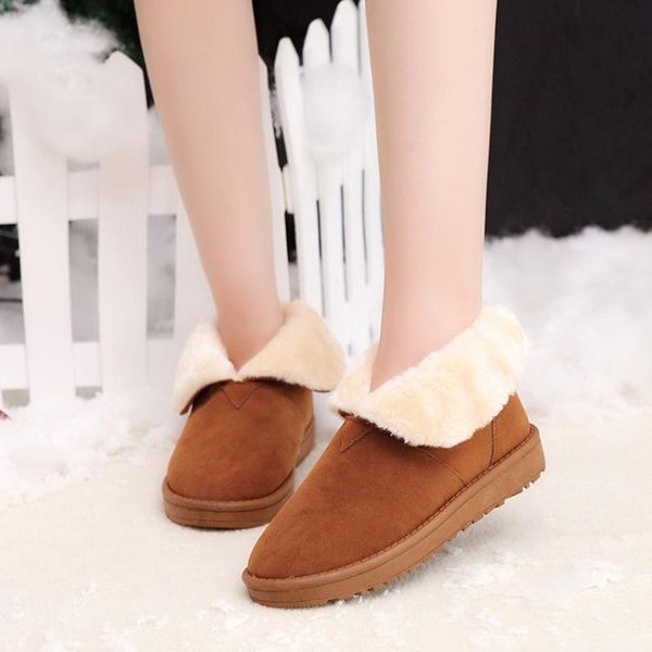 

boots 2021 women snow faux suede warm ankle platform casual woman creepers turned-over plush fur non-slip flat shoes, Black