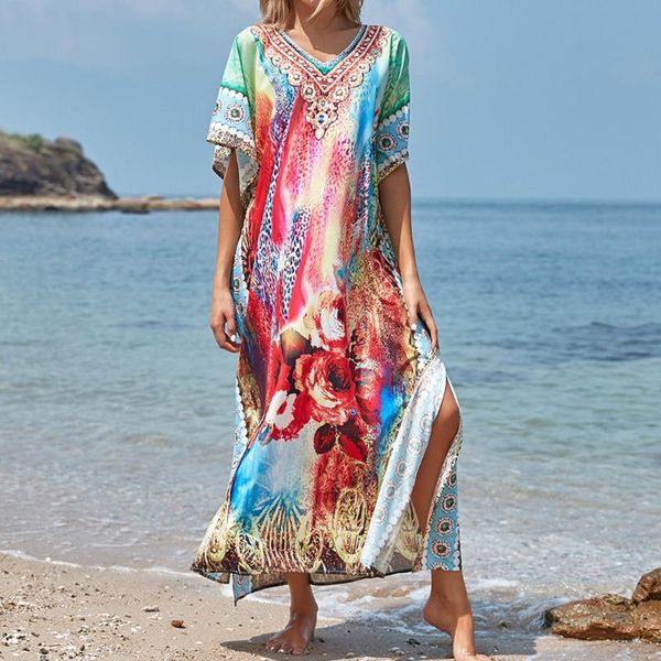 

women's swimwear beach dresses quick dry sun-protective women summer casual floral printed long dress fashion bikini outwear woman 2021, White;black