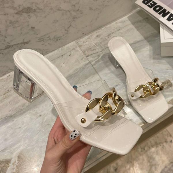 

plus size 35-42 metal chain clear slippers women sandals square toe flip flops summer shoes transparent thick heels slides 2021, Black