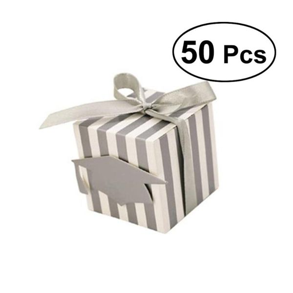 

greeting cards 50pcs stripes paper graduation candy treat boxes gift with doctoral cap tag party favors for graduation(silver)