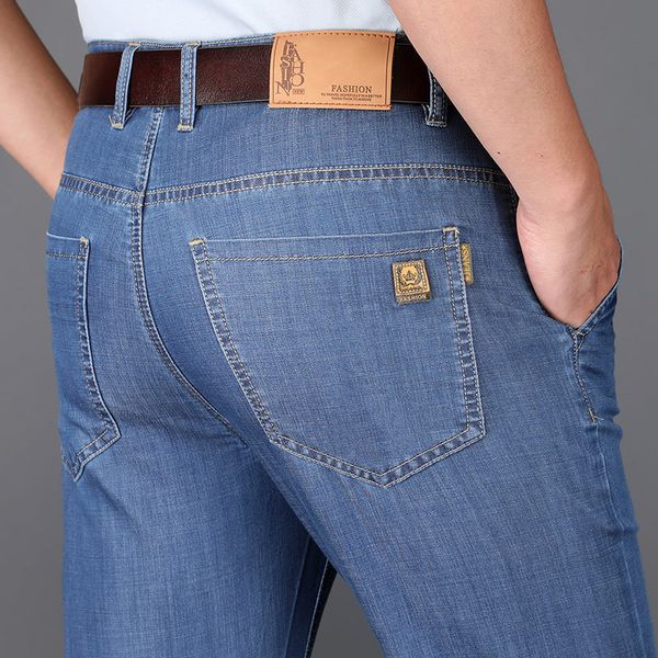 

jeans straight loose casual middle age business spring summer thin long men's pants, Blue