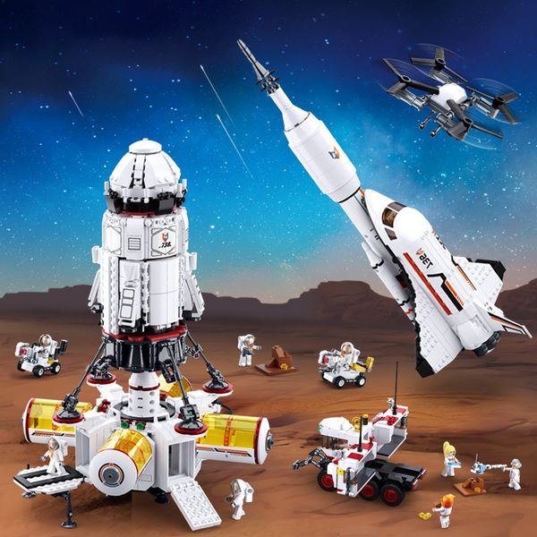 

international space station blocks shuttle satellite rocket astronaut figure building bricks space launch center kids toys gifts