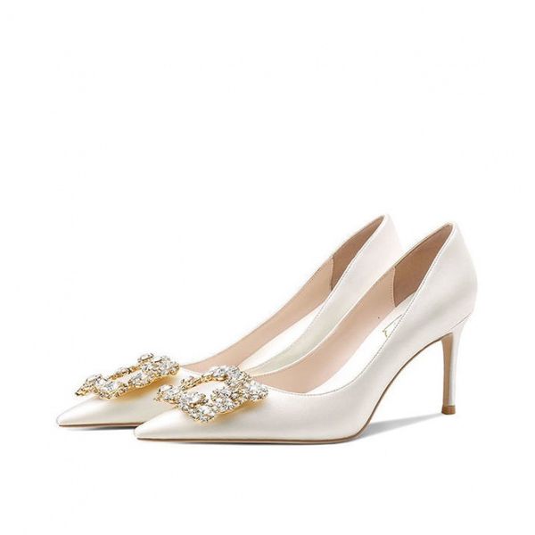 

luxury dress shoes white high heel's 2021 pointed thin heel wedding square button silk drs banquet bride's sho, Black