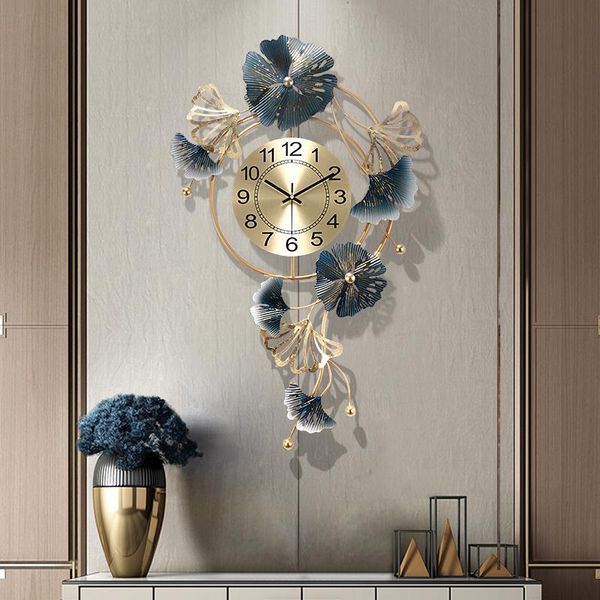 

wall clocks nordic luxury ginkgo leaf wrought iron home livingroom hanging crafts store el porch mural decoration