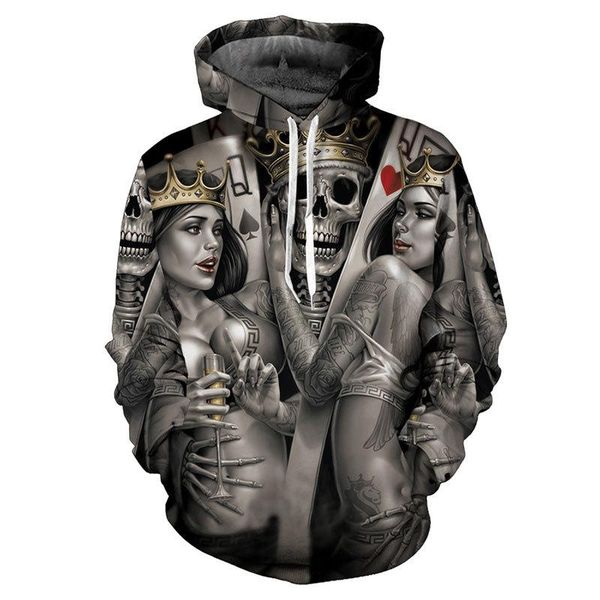 

men's hoodies & sweatshirts 2021 -selling trendy hip-hop style poker skull pattern 3d printing hooded sweater, Black