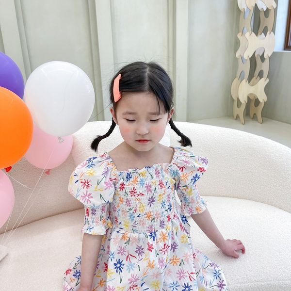 

summer girls floral puff sleeve princess dress korean style square collar half cute dresses 210508, Red;yellow
