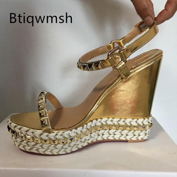 

dress shoes gold studded platform woman open toe rivet straw ankle strap wedges sandals fashion party, Black