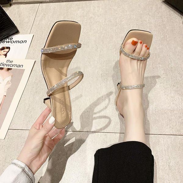

shoes women slippers casual thin heels med heeled mules slides pantofle jelly flip flops soft luxury high 2021 glitter crystal, Black