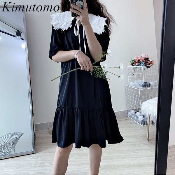 

kimutomo sweet girls short sleeve dresses women summer ladies lace peter pan collar ruffles panelled vestido elegante 210521, Black;gray