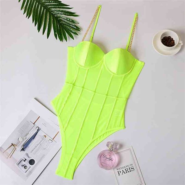 Neon Yeşil Örgü Şeffaf Bodysuit Seksi kadın Backless Çizgili Kolsuz Tulum Parti Moda Spaghelti Kayışı Rompers 210728