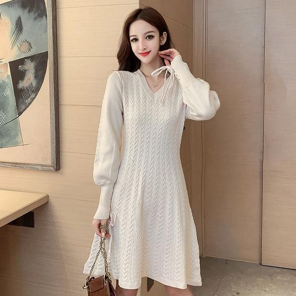 

casual dresses autumn v-neck long-sleeved twist knitted a-line midi dress female winter korean lace-up slim base sweater, Black;gray