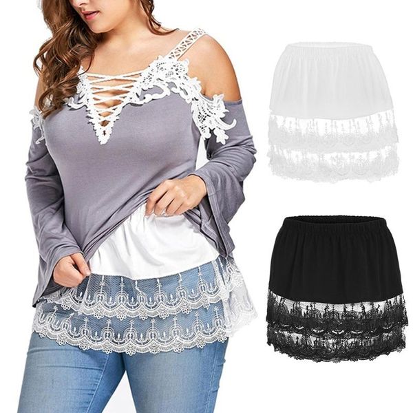 

skirts fashion women solid color elastic waist layered tiered sheer lace trim extender half slip mini skirt clothes, Black