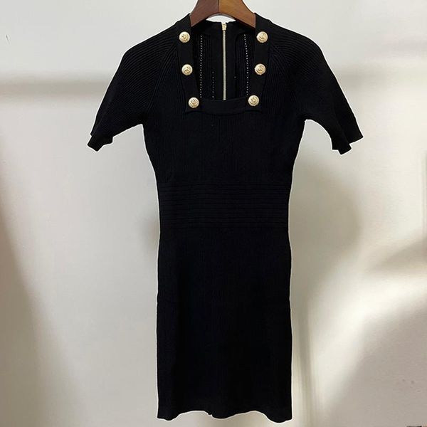 

casual dresses est 2021 summer fashion women's square collar short sleeve & club lion buttons hollow out sheath knit dress, Black;gray