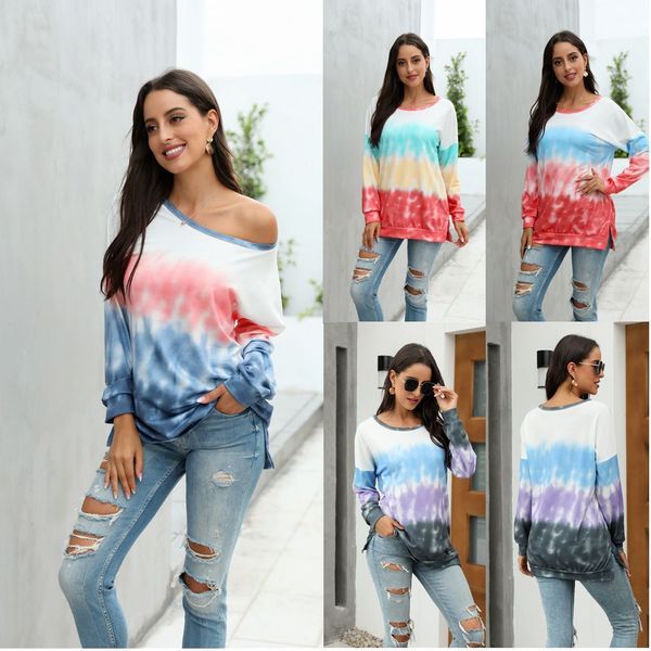 

off shoulder tie dye gradient sweatshirts women oversized loose hoodies casual long sleeve fashion ladies autumn pullovers 210412, Black