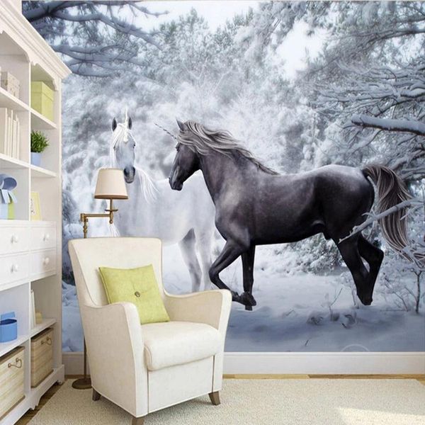

custom self adhesive wallpaper 3d black white horse snow landscape po painting mural living room backdrop decor waterproof wallpapers