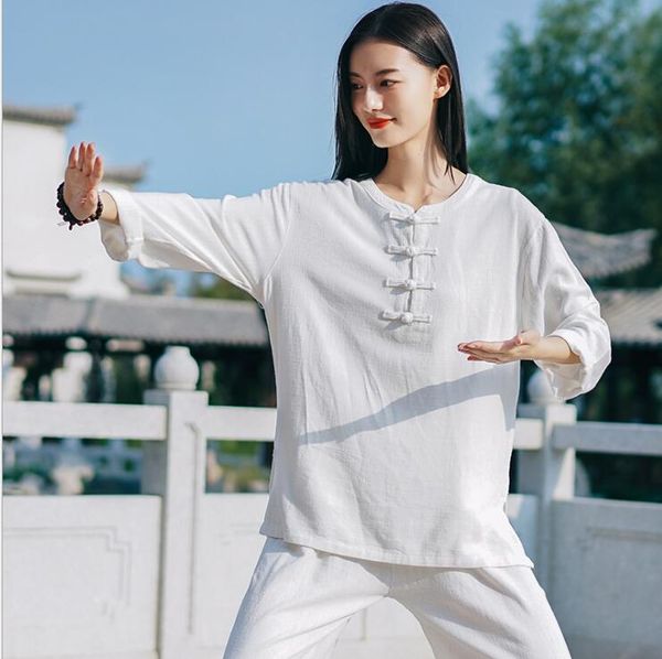 

factory wholesale 2021 smartial arts sets pring new women's retro morning exercise linen sand wash handmade disc buckle tai chi clothin, Black;red