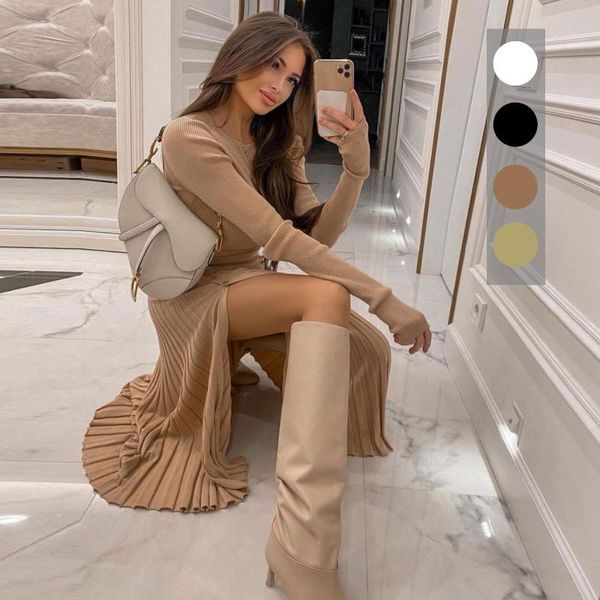 

casual dresses 2021 autumn and winter woolen sweater slits pleated skirt suit female maxi for women, Black;gray