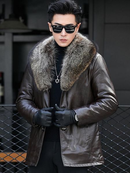 

men's leather & faux mens clothing winter coat raccoon sheep long sleeve button casual slim fit casacas de cuero office business jacket, Black