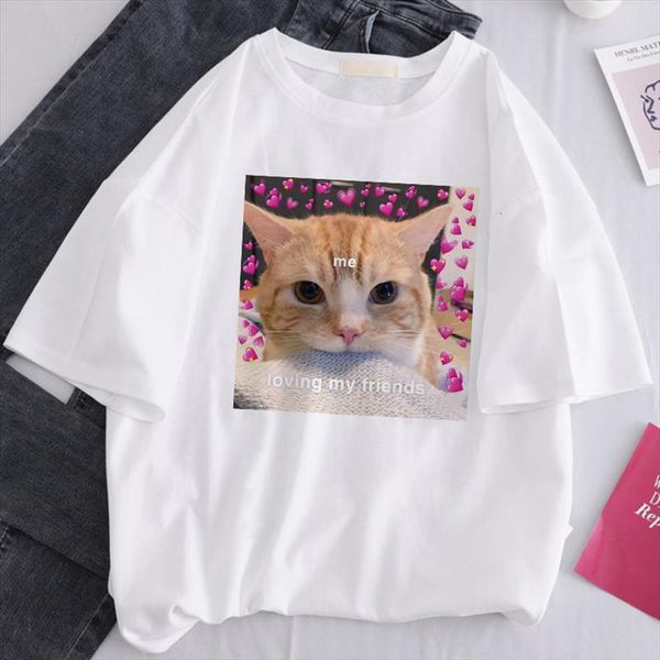 

cute korea ulzzang cat women love heart dog print summer short sleeved tees casual loose large size spoof couple, White