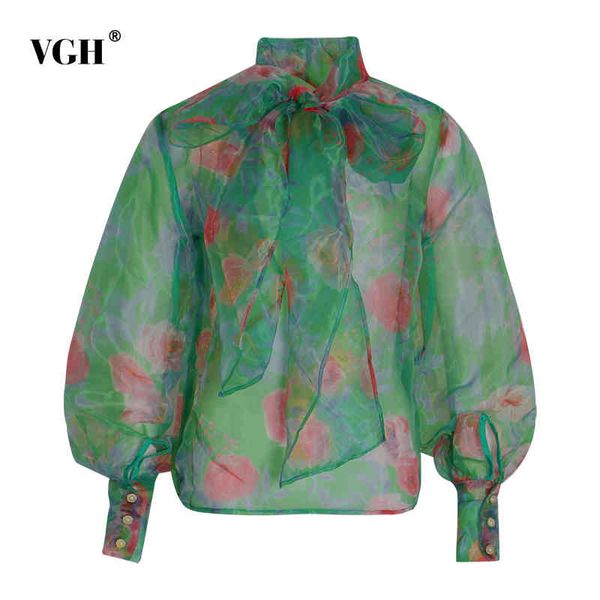 

vgh green print women's shirts stand collar lantern long sleeve lace up female blouses bohemian female fashion new clothing 210421, White