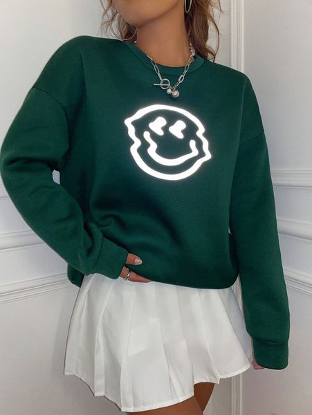 

reflective smile face drop shoulder sweatshirt z8kr#, White;black