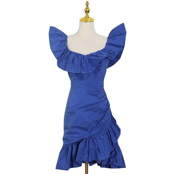 

casual dresses [ewq] 2021 summer style blue patchwork ruffle dress for women slash neck sleeveless irregular mini female, Black;gray