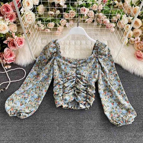 

spring autumn temperament square neck floral chiffon shirt women's puff sleeve pleated slim high waist short crop uk937 210506, White