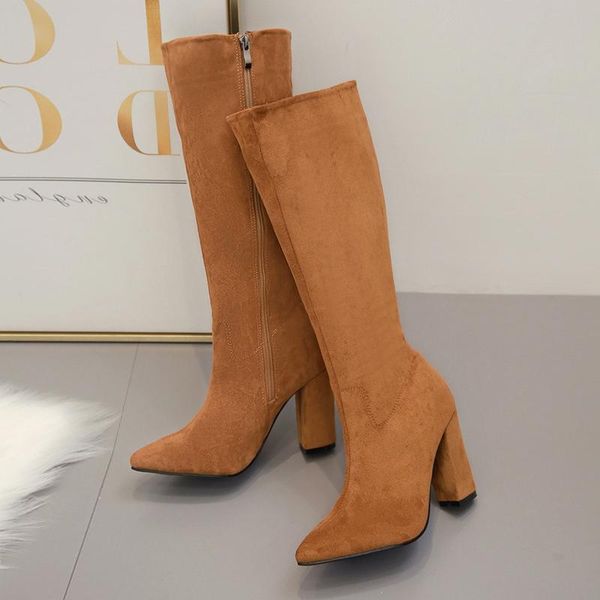 

boots heel sharp side patent leather high 2021 noodles woman thick, Black