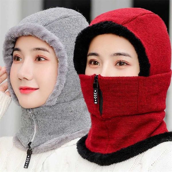 

1pc winter knitted hat add fur lined warm hats for with zipper keep face and ear warmer balaclava cap 211119, Blue;gray