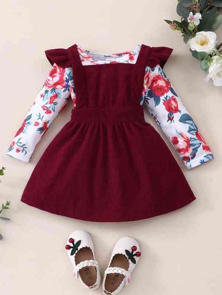 

baby floral print bodysuit & ruffle trim corduroy overall dress she, White